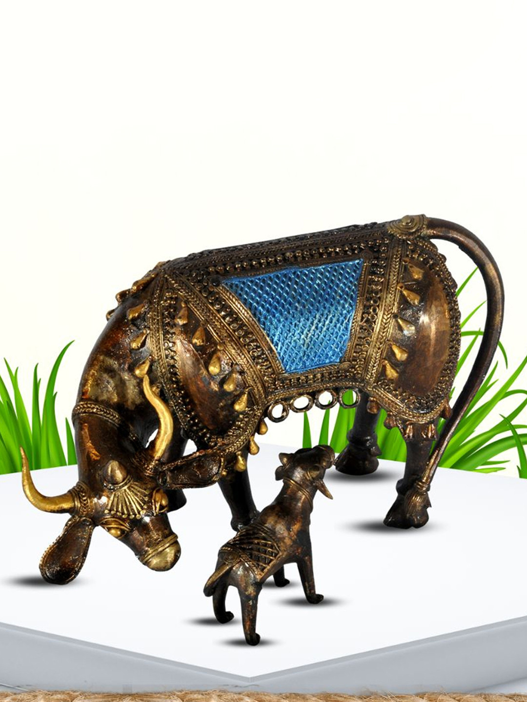 SHREE KALA HOME DECOR Kamdhenu Cow with Her innocent Calf Nandini Bronze Brass Metallic Living Room Small Showpiece - 7 Inches