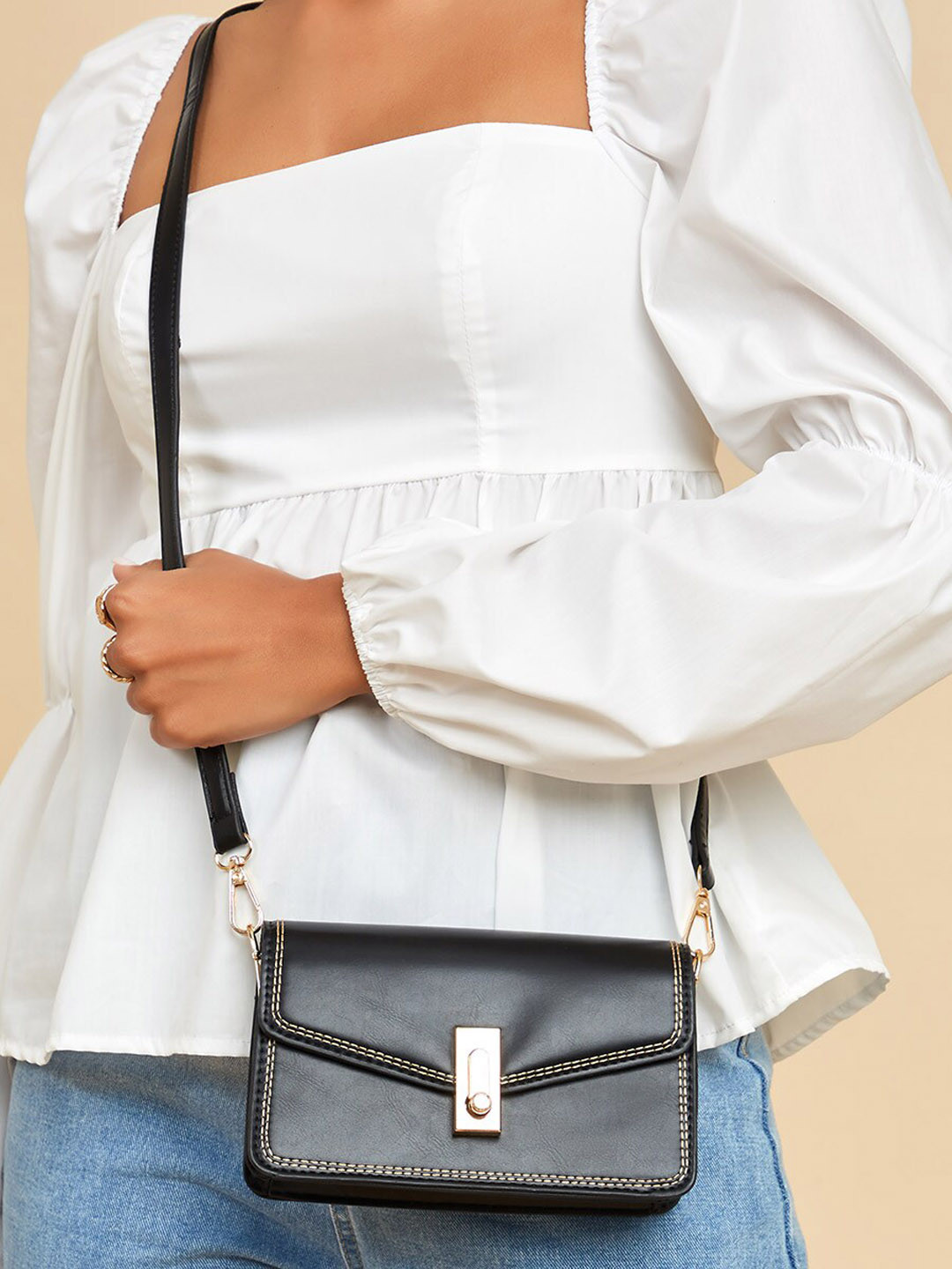 Styli Women Solid Structured Sling Bag With Stitched Gold Detail