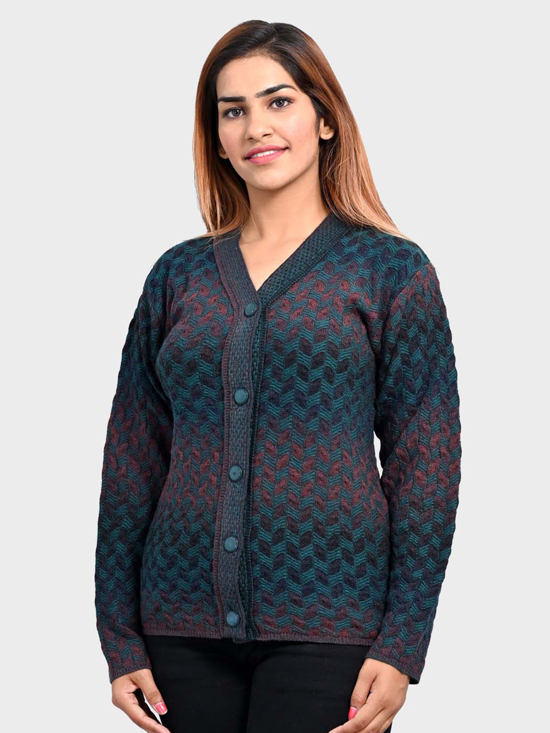 aarbee Women Green & Maroon Cardigan