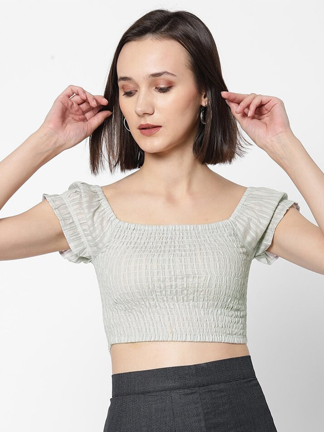 VASTRADO Smocked Dobby Striped Square Neck Puff Sleeves Crop Fitted Top