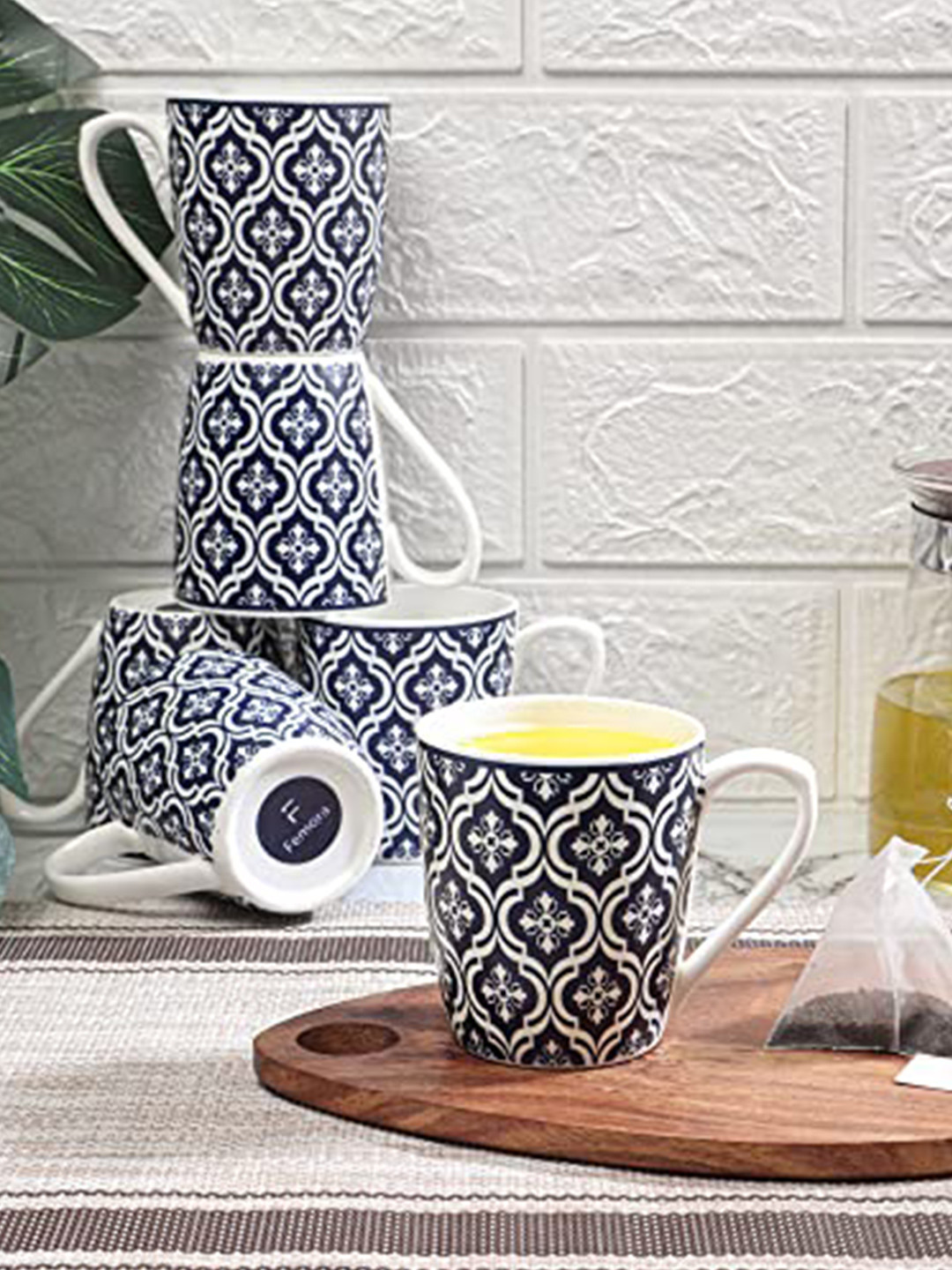 Femora Rakshabandhan Gift Blue Floral Bone China Microwave Safe 6 Piece Cups-160ml