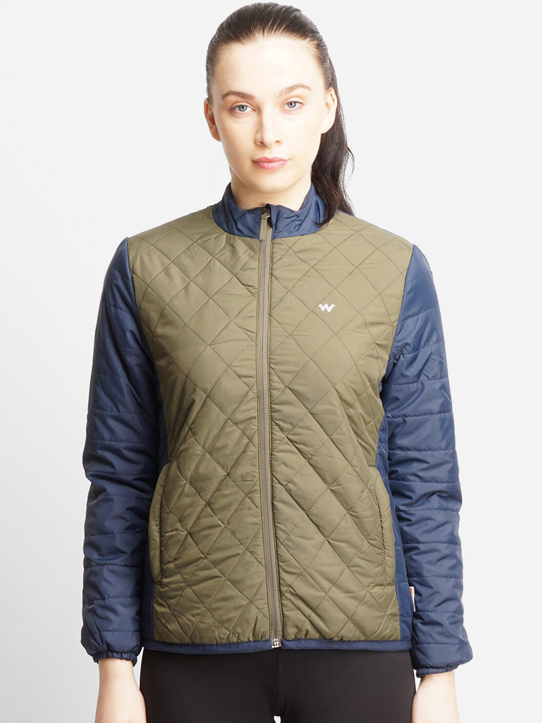 Wildcraft Women Navy Blue & Olive Windcheater Solid Quilted Jacket