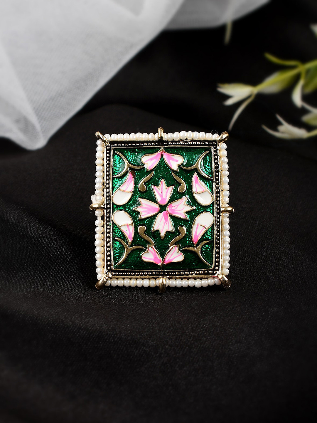 Shoshaa Gold-Plated Green Kundan-Studded Adjustable Finger Ring