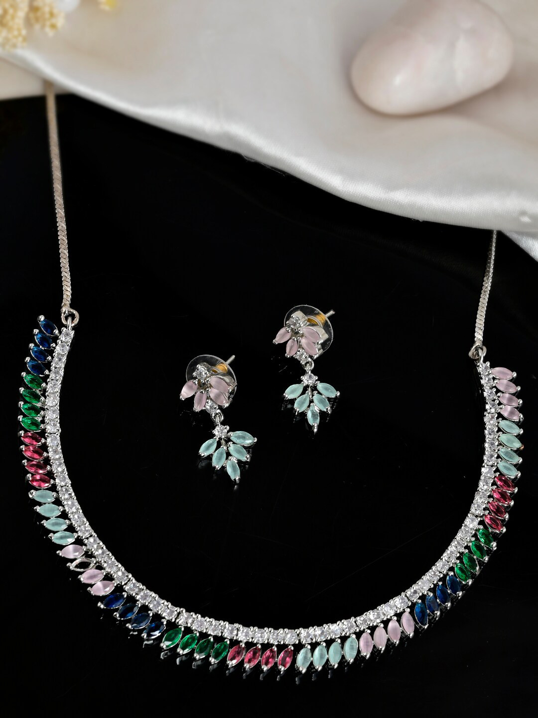 Shoshaa Silver-Plated Multicoloured And Green CZ-Studded Jewellery Set