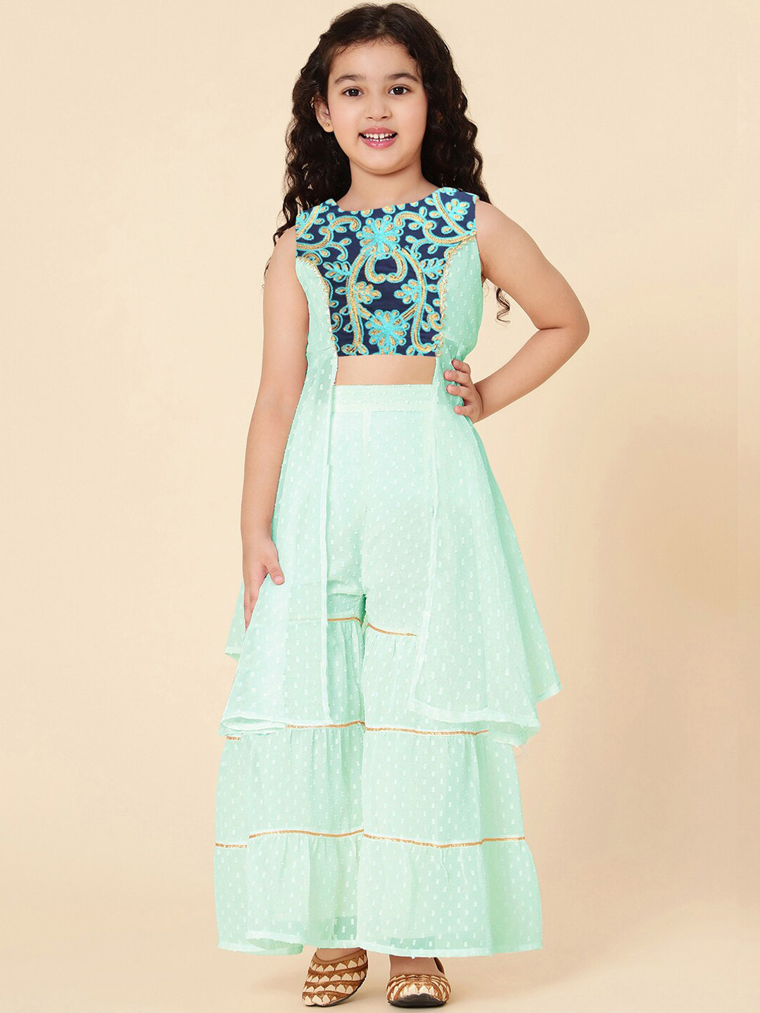 A T U N Girls Sea Green Floral Embroidered Panelled Top with Palazzos