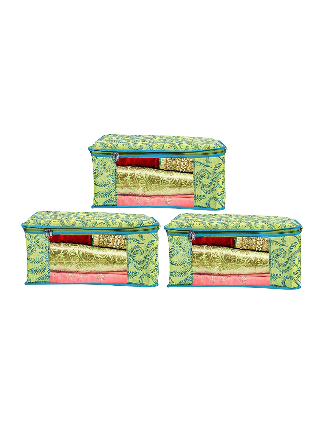 Home Fresh Pack Of 3 Green & Transparent Printed Organisers With Viewing Window