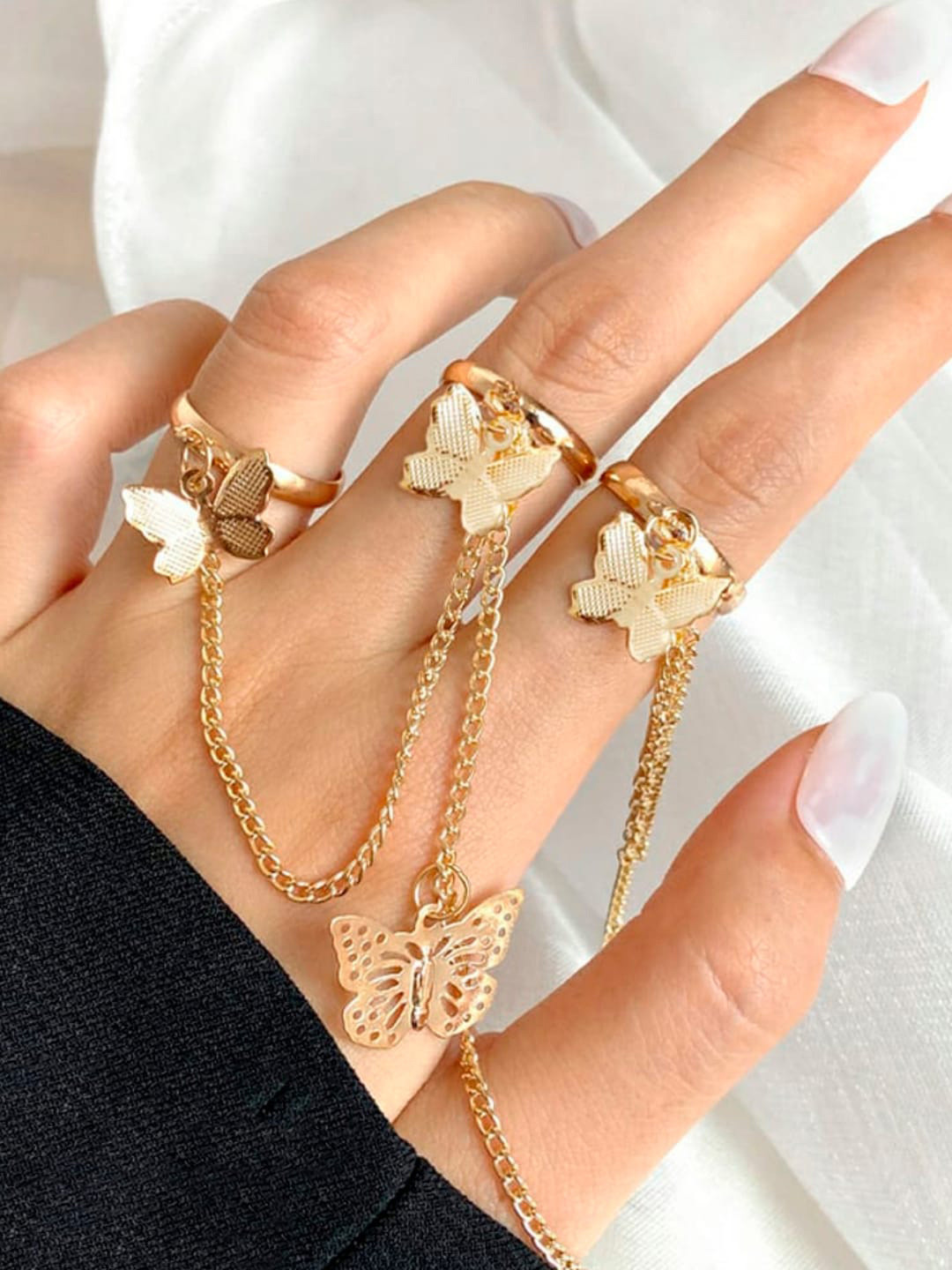 OOMPH Set Of 2 Gold-Toned Butterfly Chain Adjustable Ring
