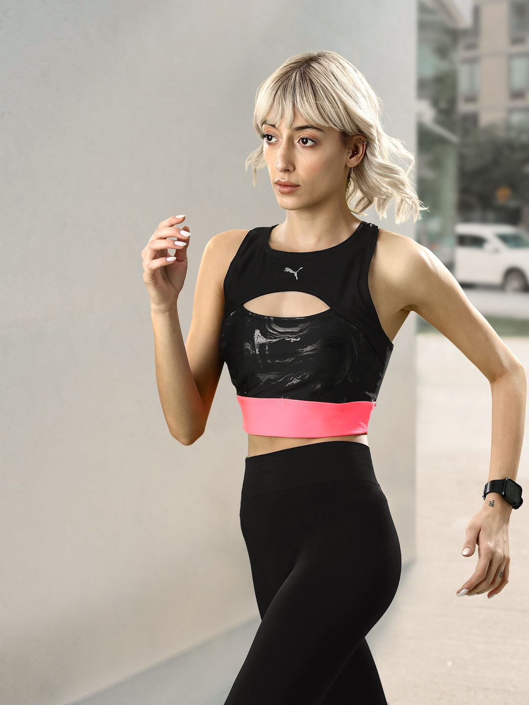 Puma Women Black Abstract Print Cut-Out Racerback Ultraform AOP Crop Running Tank Top