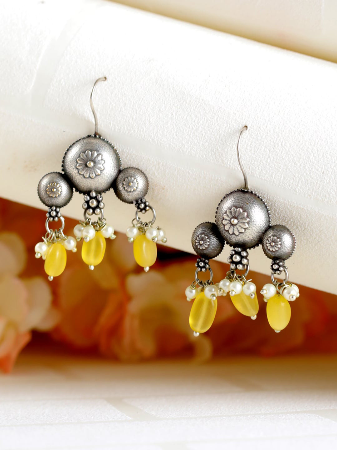 Jazz and Sizzle Yellow & Silver Plated Contemporary Oxidised Drop Earrings