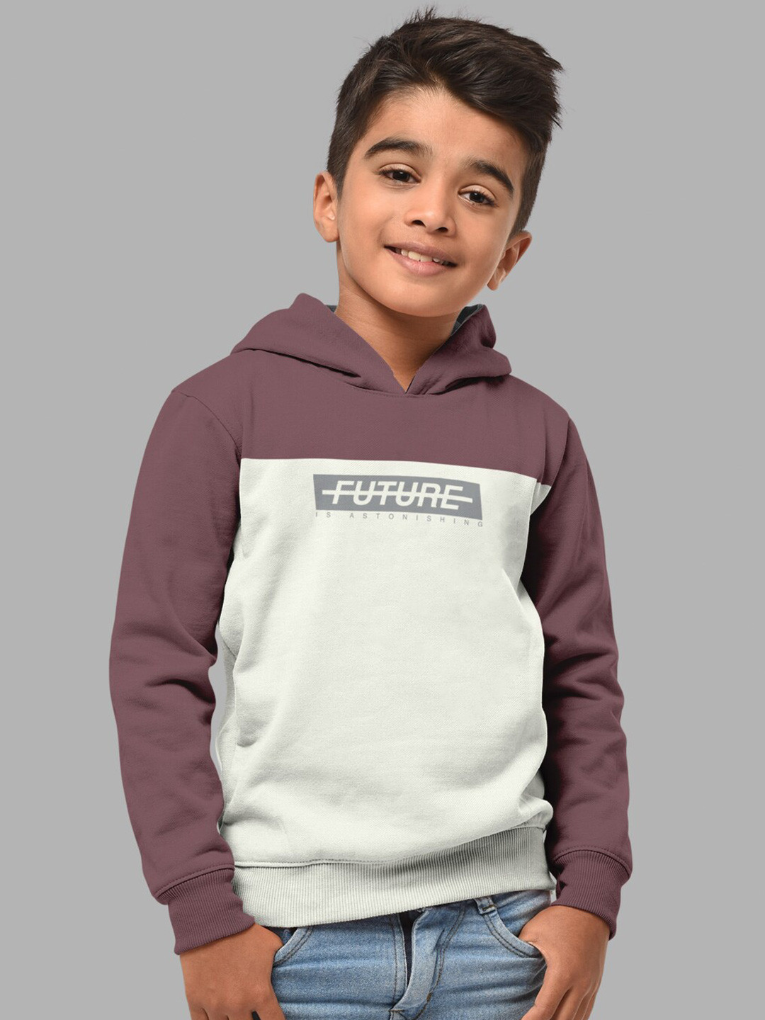 HELLCAT Boys Coffee Brown Colourblocked Hooded Sweatshirt