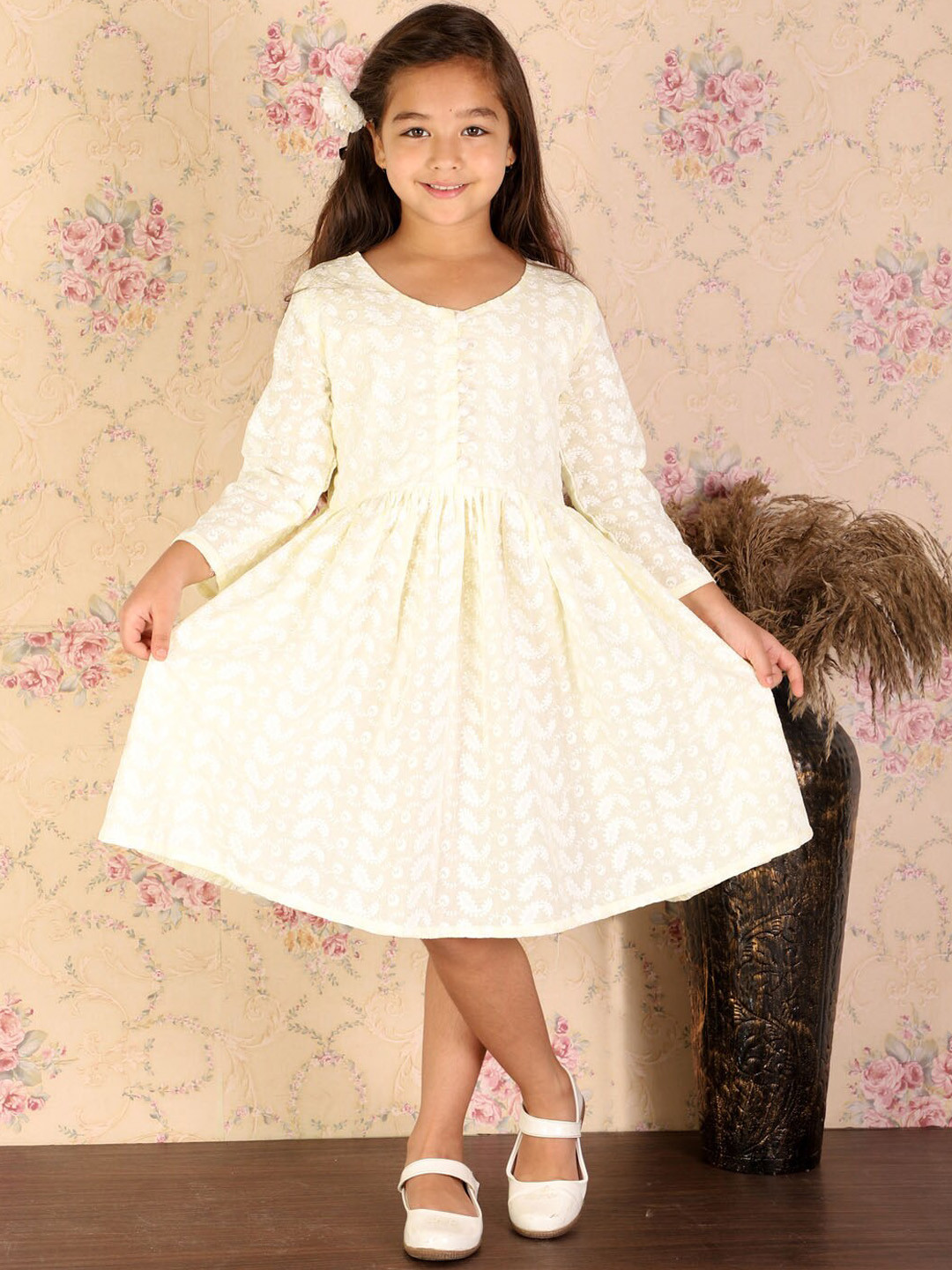 VASTRAMAY Girls Yellow Embroidered Chikankari Ethnic Dress