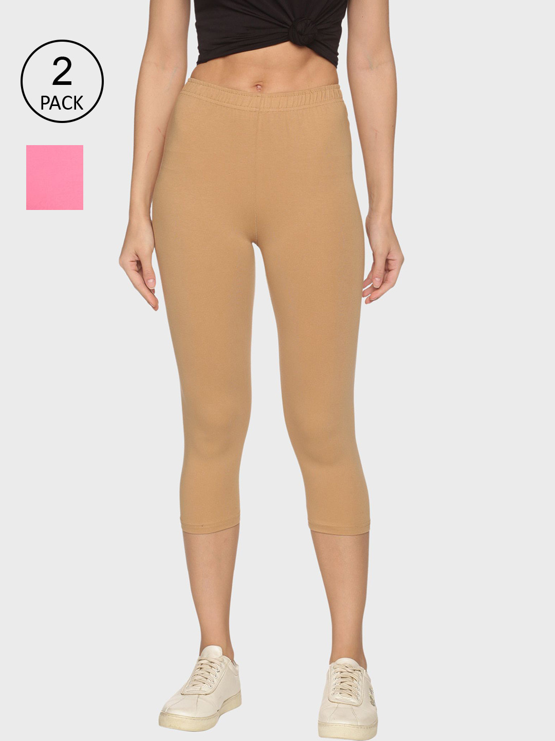 Outflits Women Pack Of 2 Nude-Coloured & Pink Cotton Capris