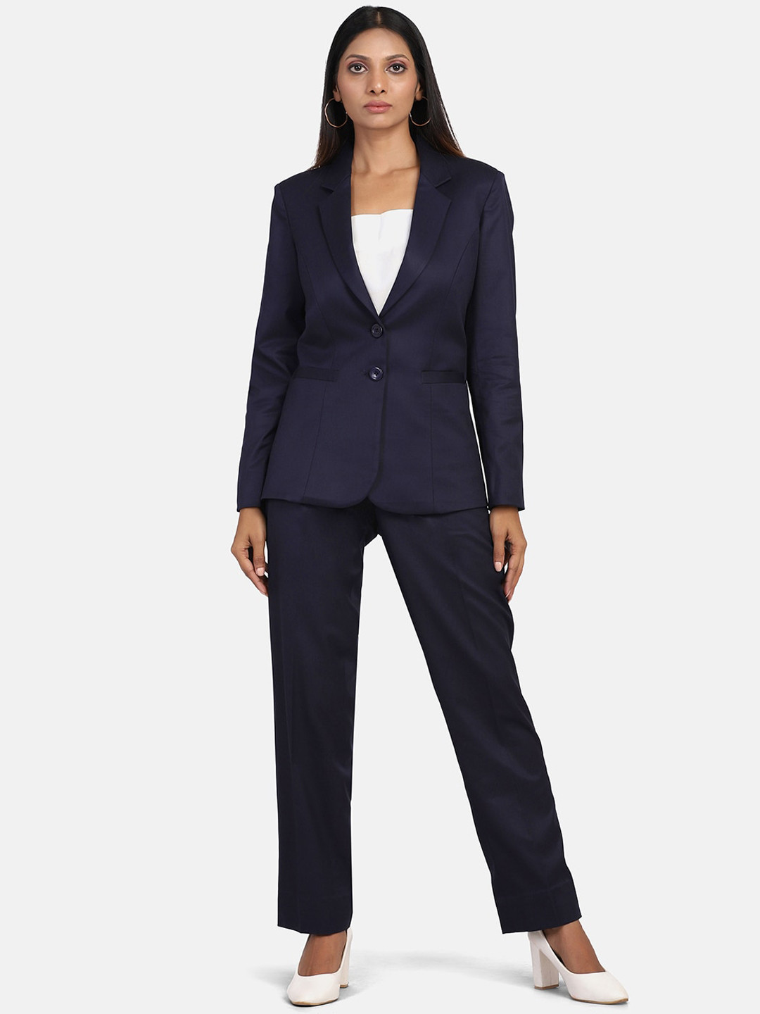 PowerSutra Women Navy-Blue Solid Single-Breasted Two-Piece Formal Suit