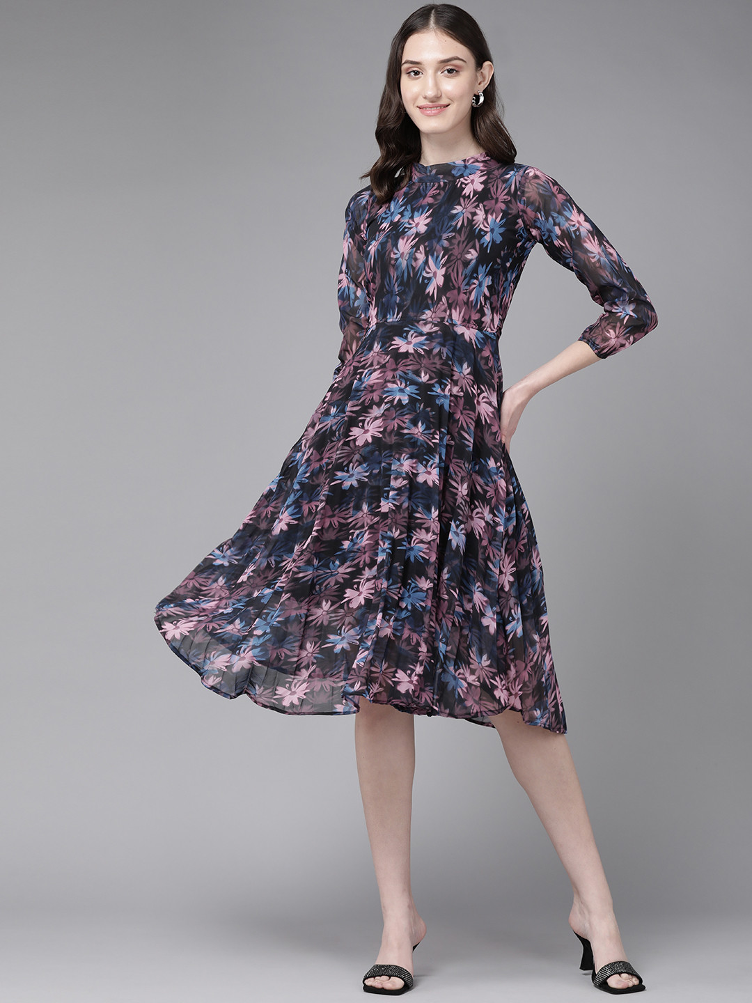 Aarika Black & Pink Floral Georgette A-Line Dress