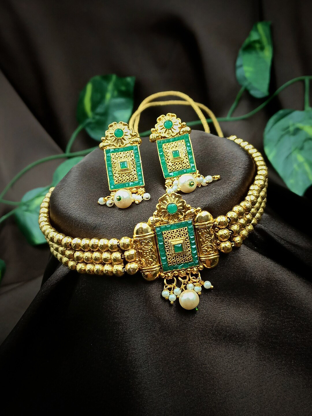StileAdda Gold-Plated Green Stone-Studded & Beaded Jewellery Set