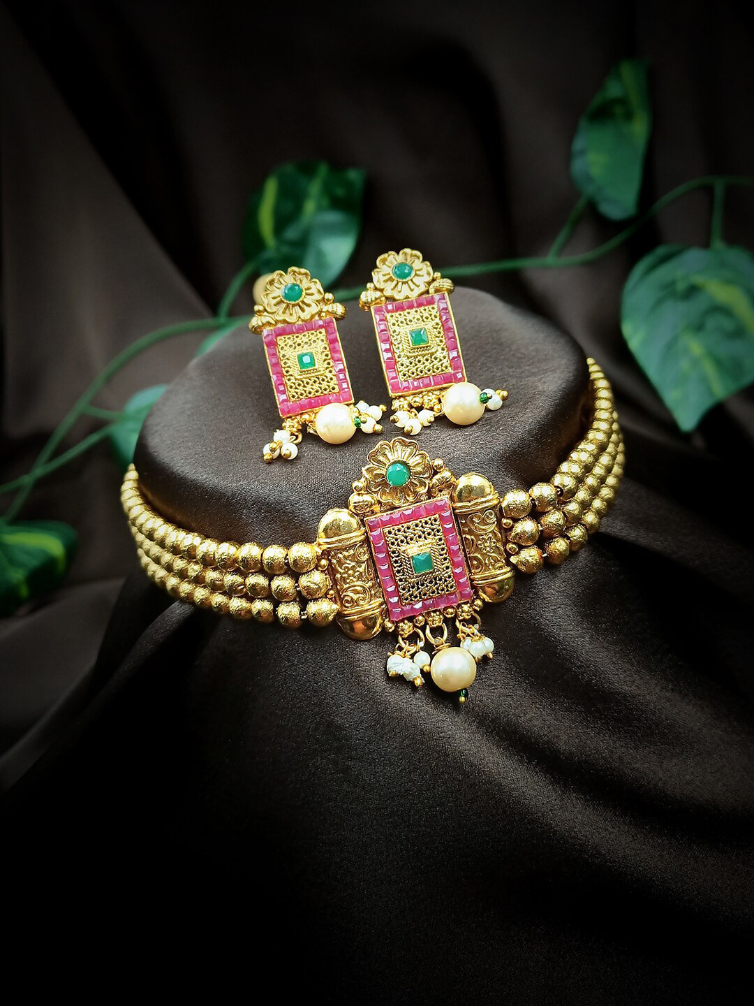 StileAdda 22 K Gold-Plated Pink & White Stone Studded & Beaded Temple Jewellery Set
