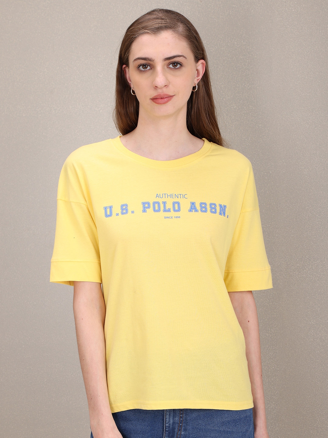 Buy U.S. Polo Assn. Women Yellow Typography Printed Cotton T Shirt
