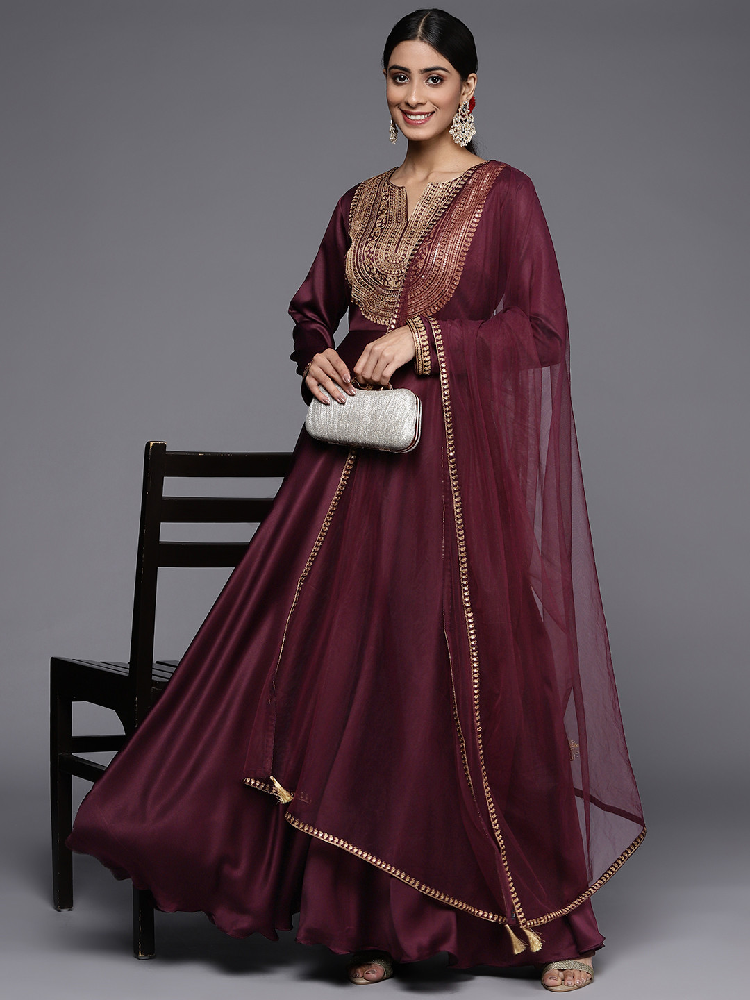 Inddus Women Burgundy Yoke Design Satin Anarkali Kurta