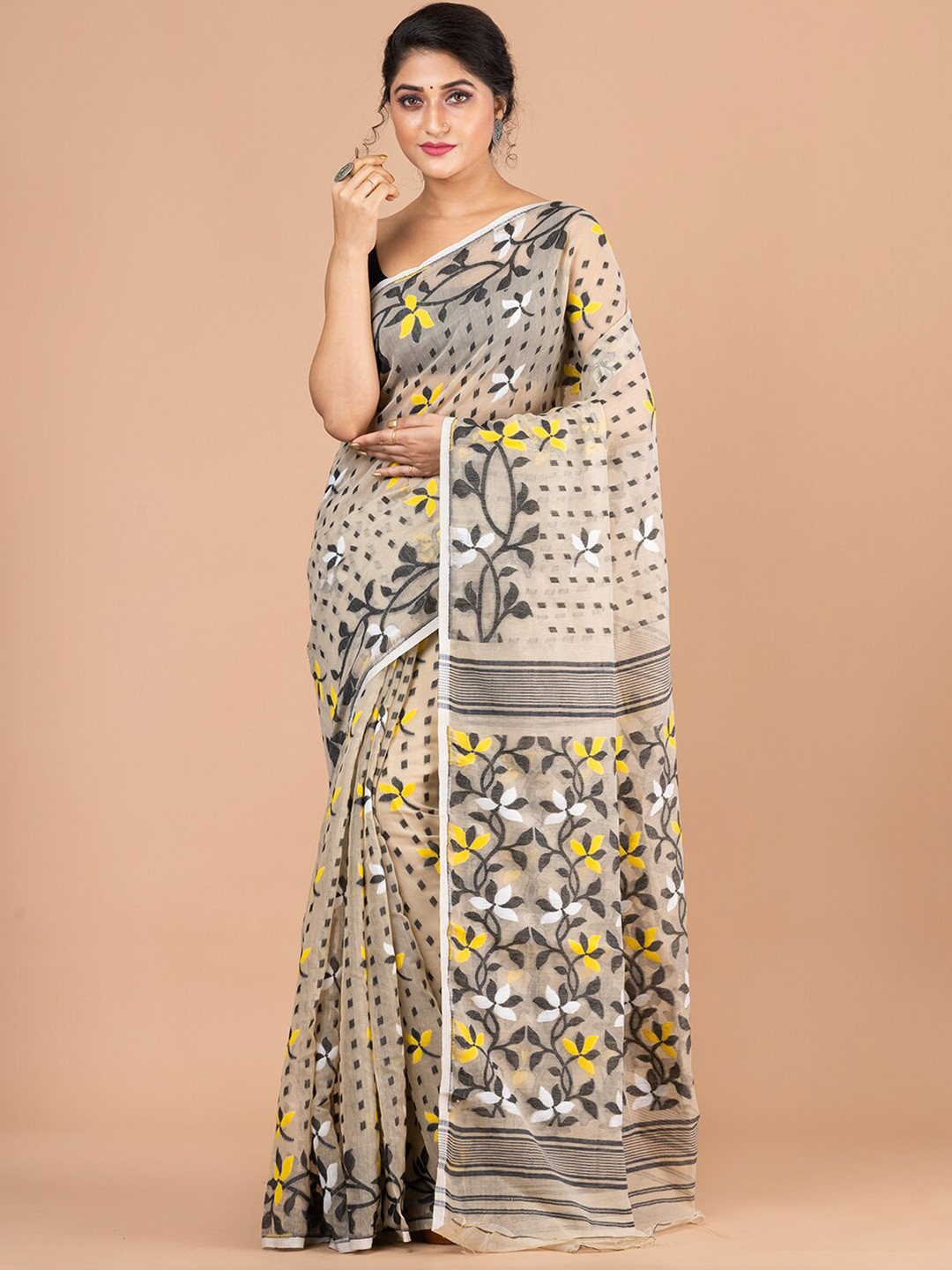 Laa Calcutta Beige And Grey Floral Woven Design Pure Cotton Jamdani Saree