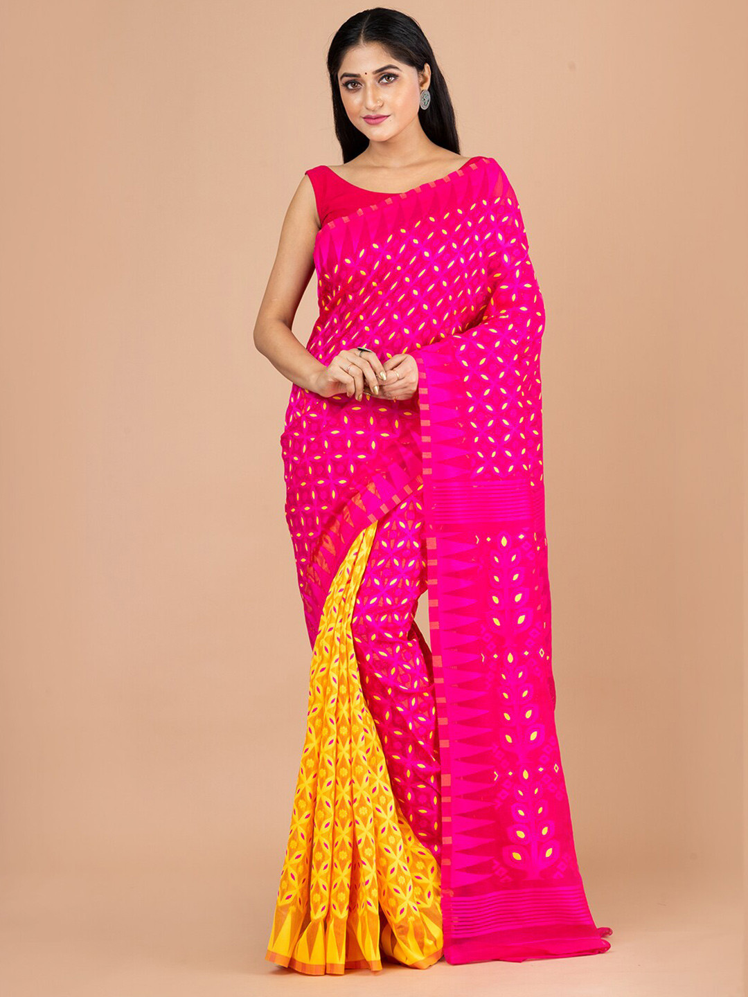 Laa Calcutta Yellow And Pink Woven Design Pure Cotton Jamdani Saree