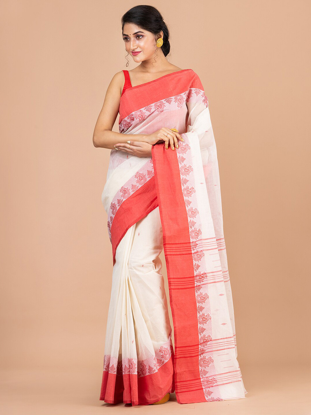 Laa Calcutta Off White And Pink Woven Design Pure Cotton Jamdani Saree
