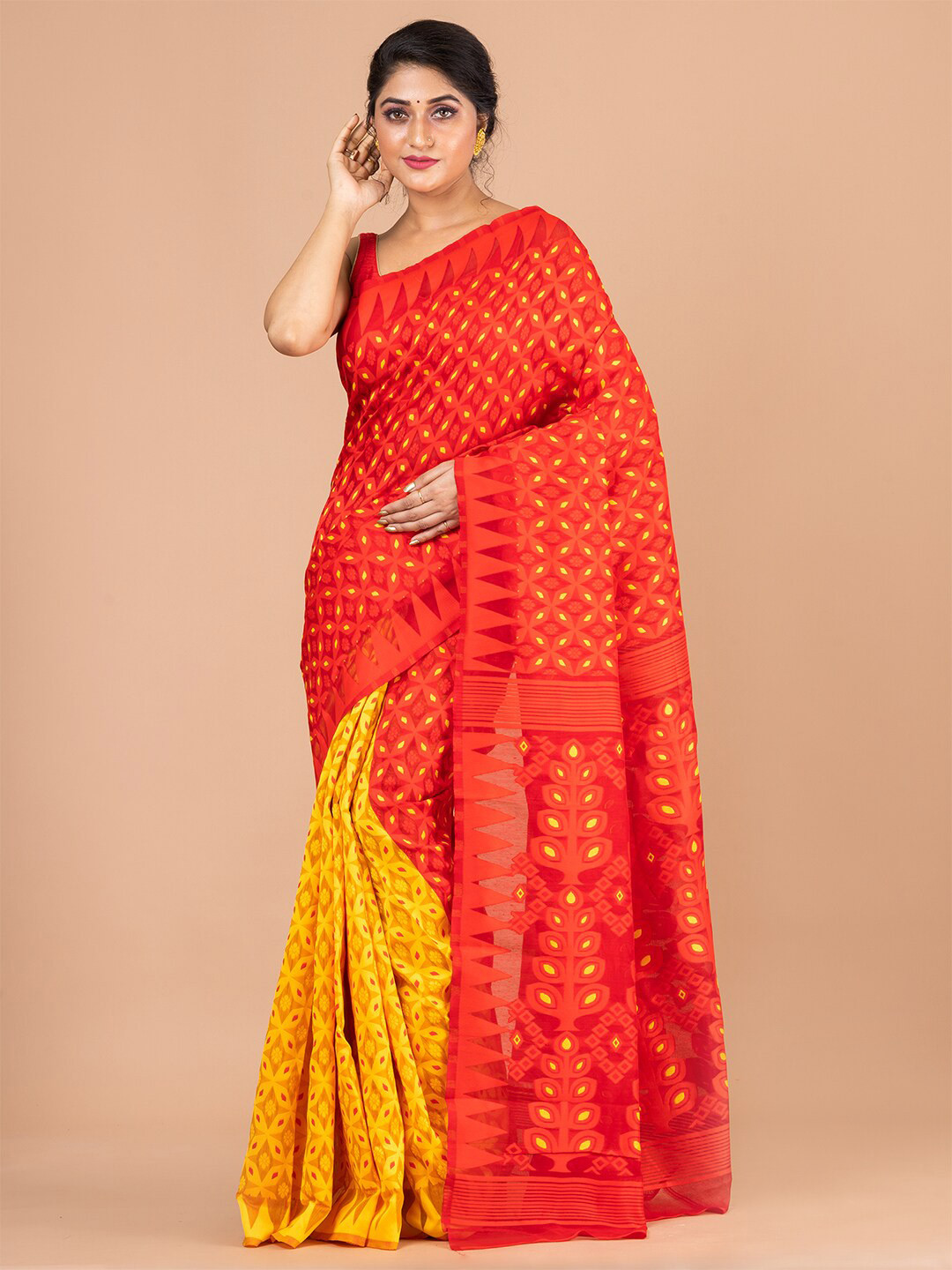 Laa Calcutta Yellow And Red Woven Design Pure Cotton Jamdani Saree