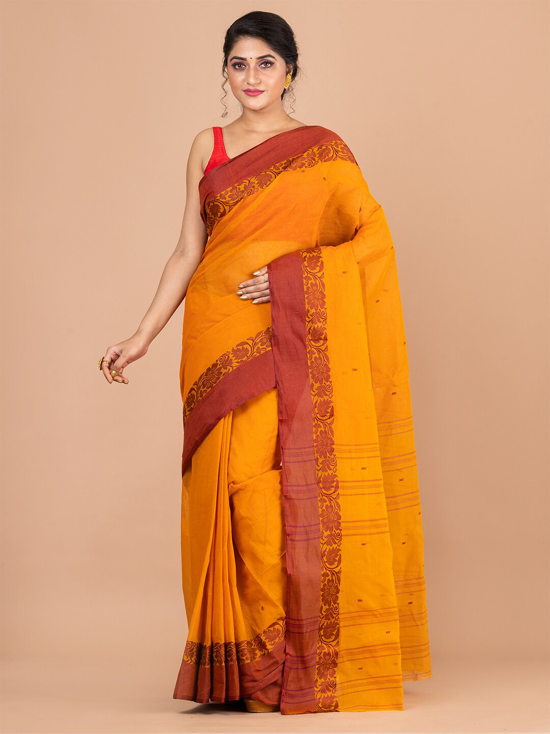 Laa Calcutta Yellow & Maroon Floral Pure Cotton Jamdani Saree