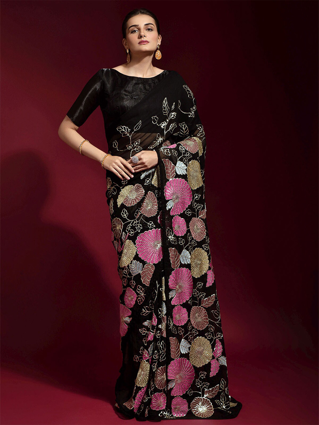 ODETTE Black And Pink Floral Embroidered Saree