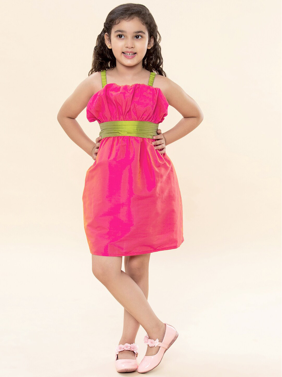 A T U N Girls Pink & Green Solid Fit and Flare Dress