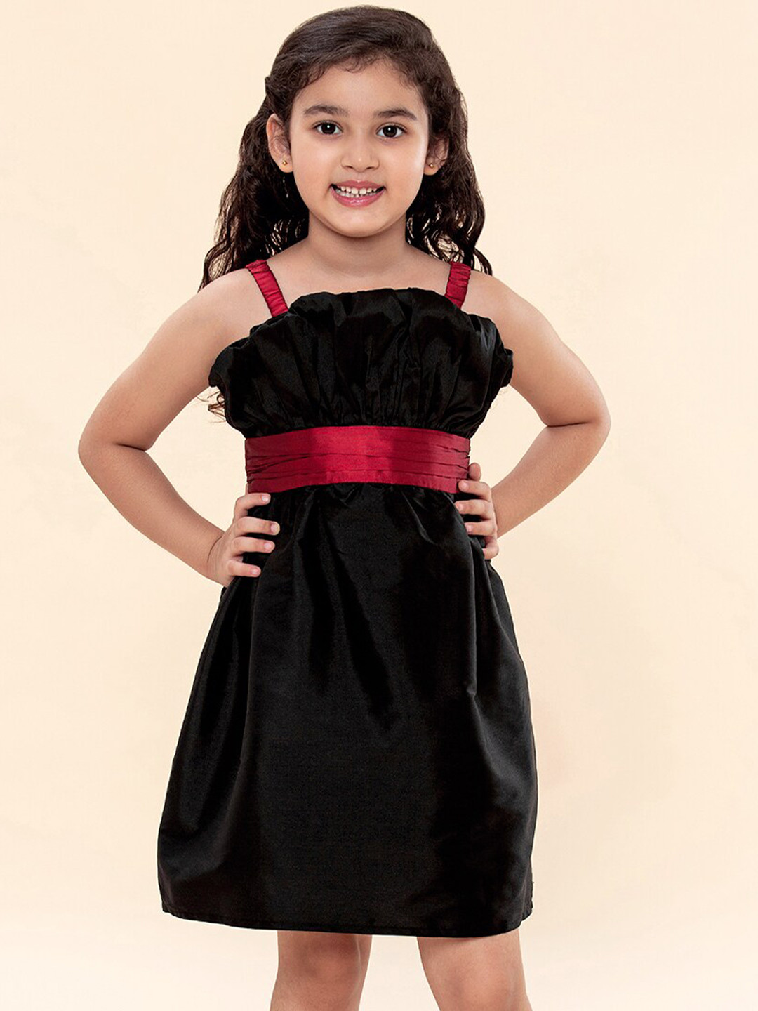 A T U N Girls Black & Maroon Solid Fit and Flare Dress
