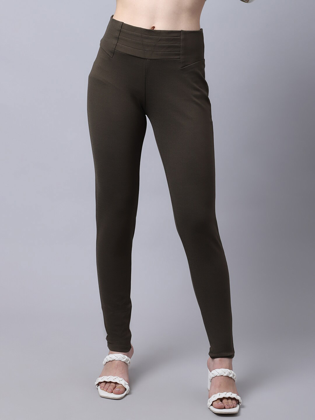 Cantabil Women Olive Green Solid Cotton Treggings