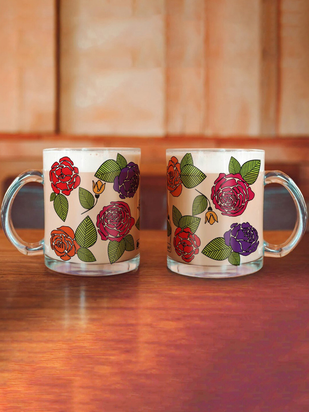 Indigifts Love Is All You Need Red Floral Glass Microwave Safe 2 Piece Mugs-325ml