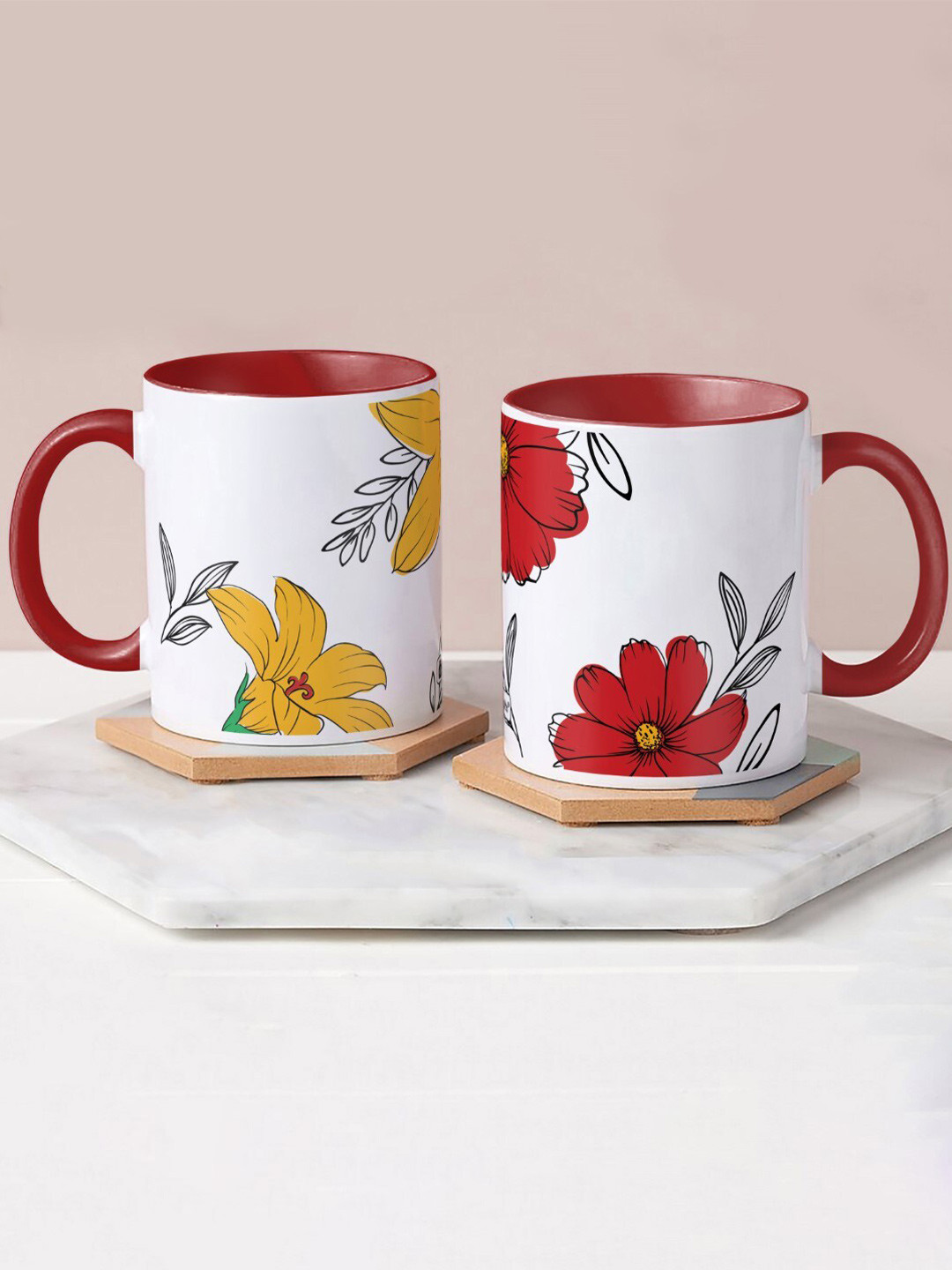 Indigifts White Floral Ceramic Microwave Safe 2 Piece Mugs-130ml
