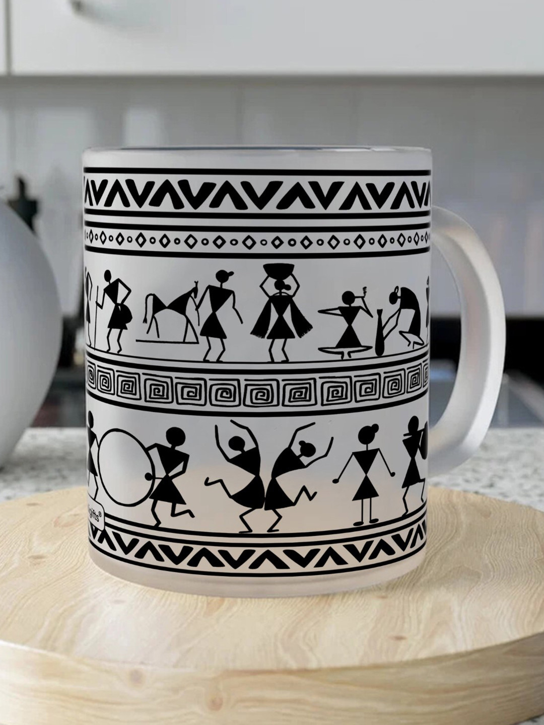 Indigifts Casa Reactive White Ethnic Motifs Glass Handmade Mug-325ml
