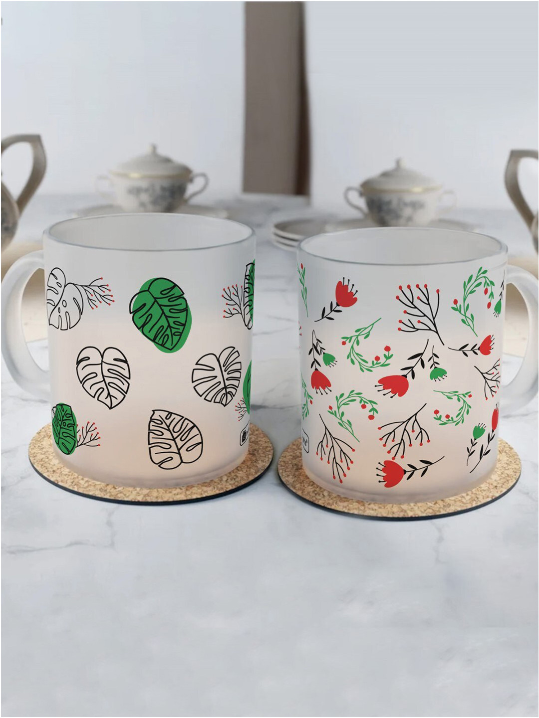 Indigifts Ekaraj Name Personalised White Leaf Glass Microwave Safe 2 Piece Mugs-325ml