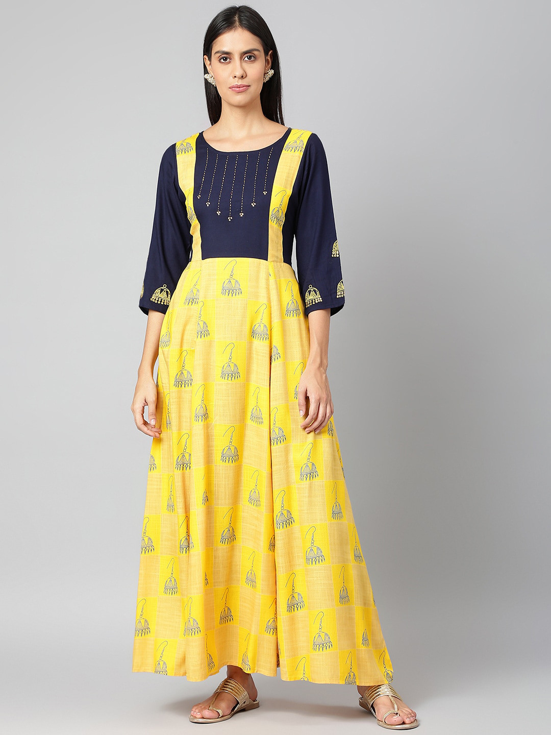 JAIPUR ATTIRE Women Yellow & Navy Blue Ethnic Motifs Printed Kurta