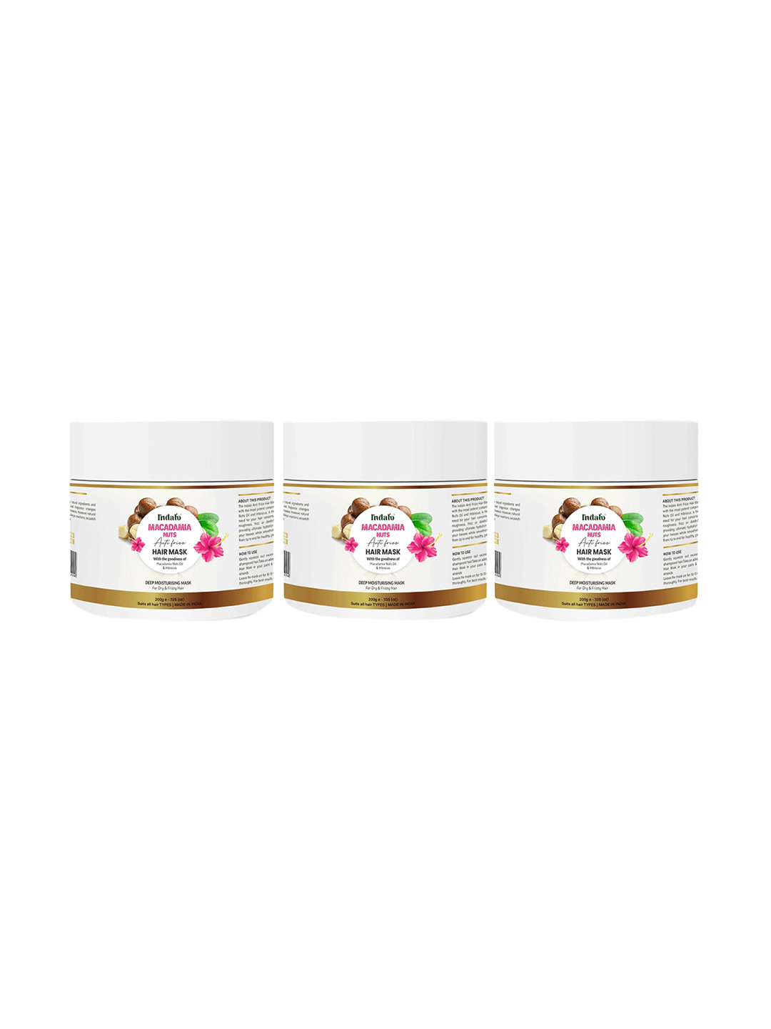 INDALO Set Of 3 Macadamia Nut Oils & Hibiscus Anti-Frizz Hair Mask 600gm