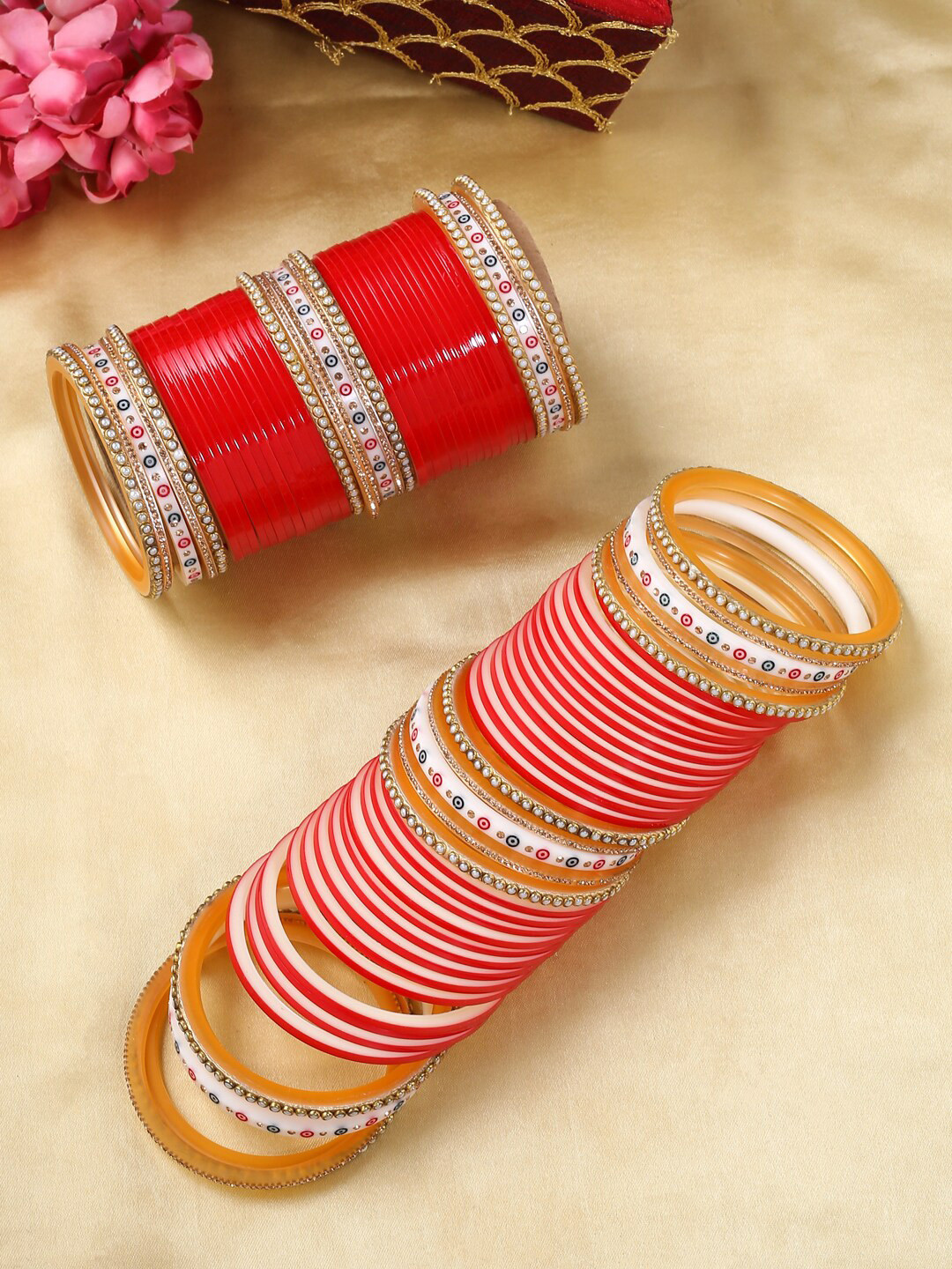 VIRAASI Gold-Plated Red & White Stone Studded Bangle Set