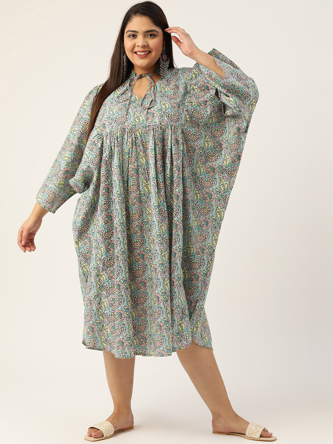 theRebelinme Plus Size Women Grey Floral Kaftan Midi Dress