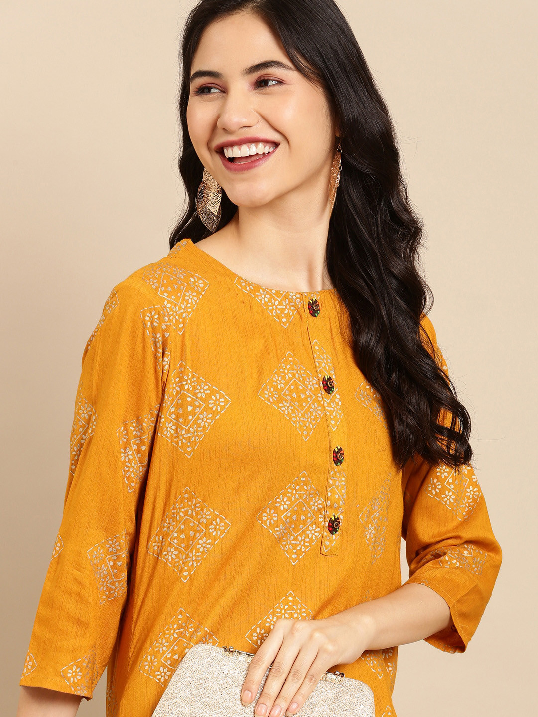 SHOWOFF Women Mustard Yellow Ethnic Motifs Printed Mirror Work Kurta
