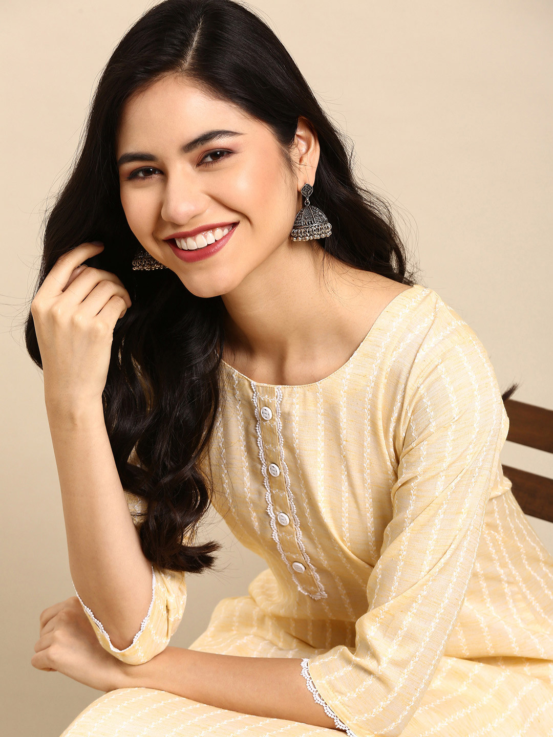 SHOWOFF Women Yellow & White Striped Dobby Cotton Kurta
