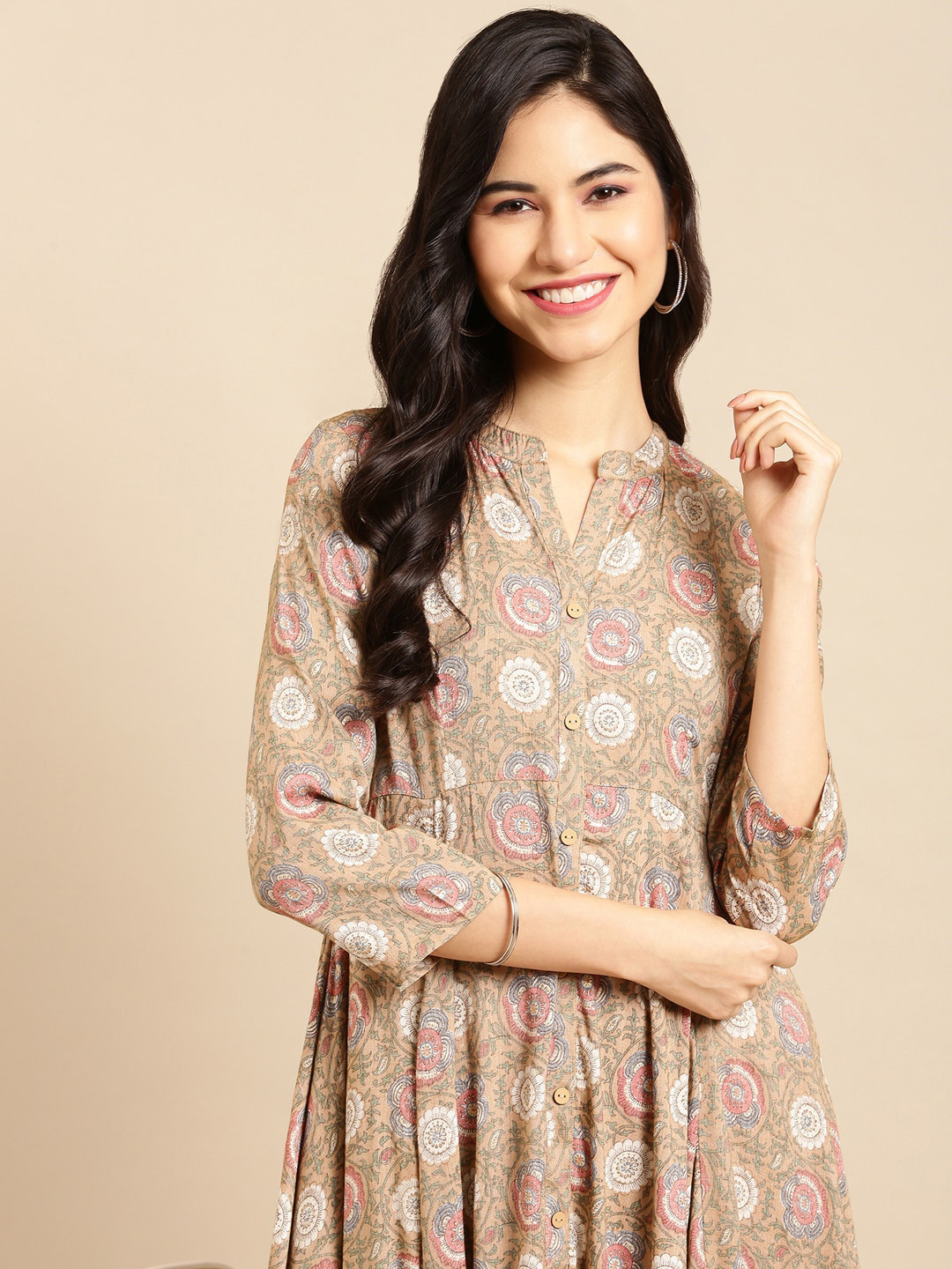 SHOWOFF Women Beige Printed Floral Anarkali Cotton Kurta