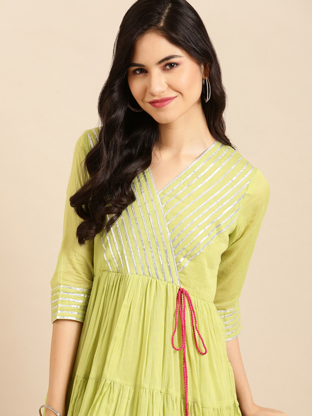 SHOWOFF Women Green Gotta Patti Ethnic Dress