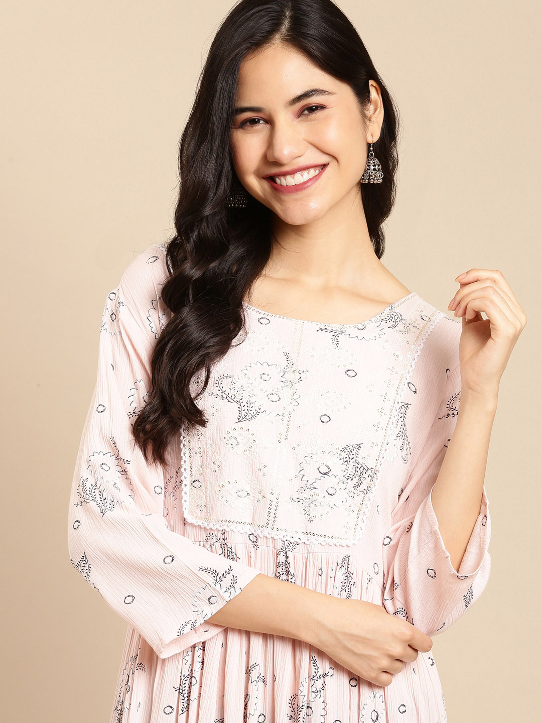 SHOWOFF Women Peach-Coloured & Purple Floral Printed Floral Anarkali Kurta
