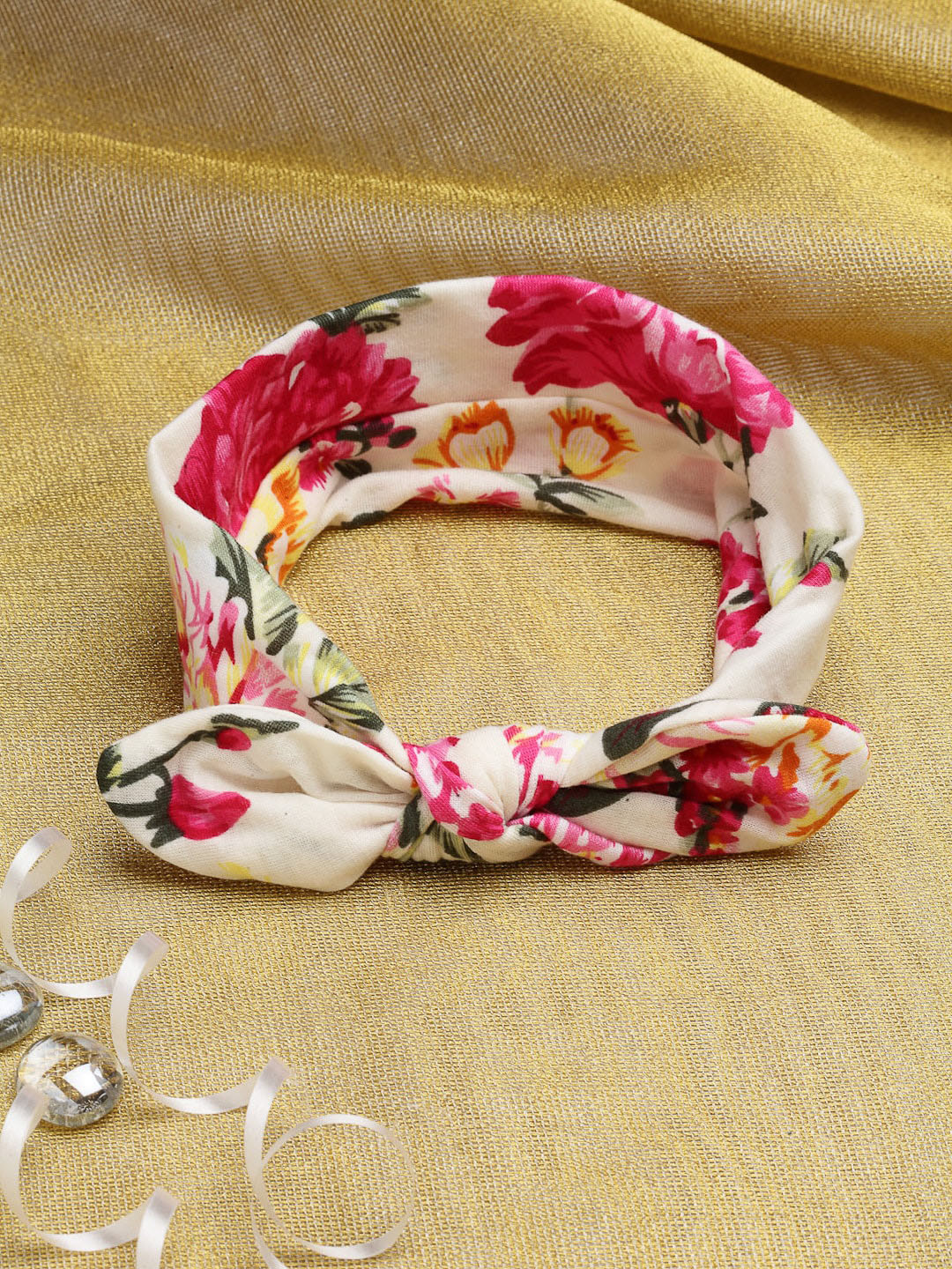 Babymoon Girls White & Pink Printed Bow Knot Headband