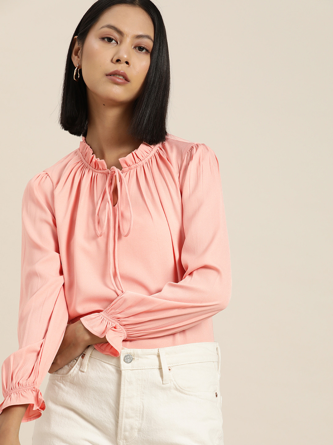 her by invictus Puff Sleeves Tie-Up Neck Top