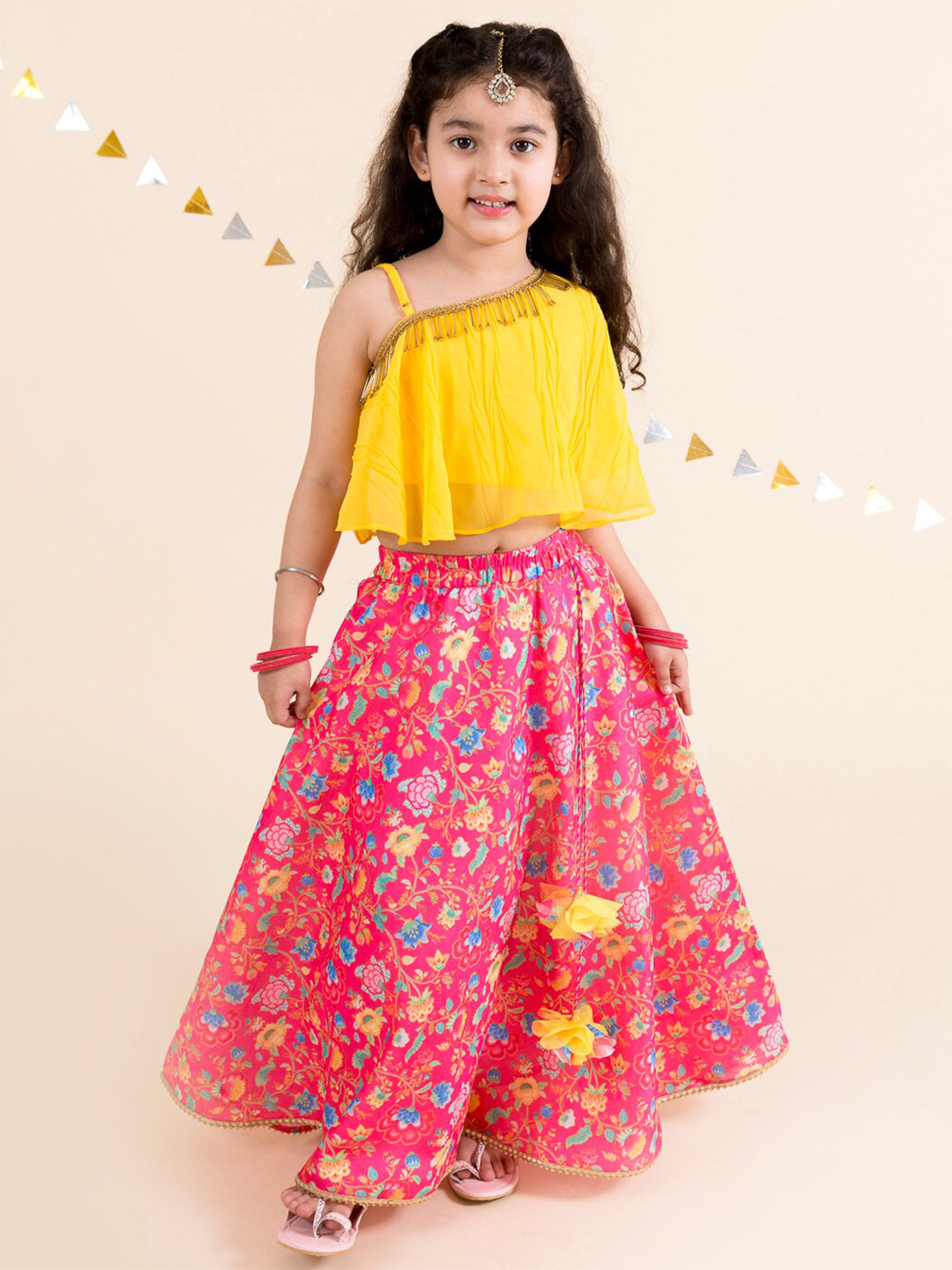 pspeaches Girls Coral & Yellow Ready to Wear Lehenga Choli