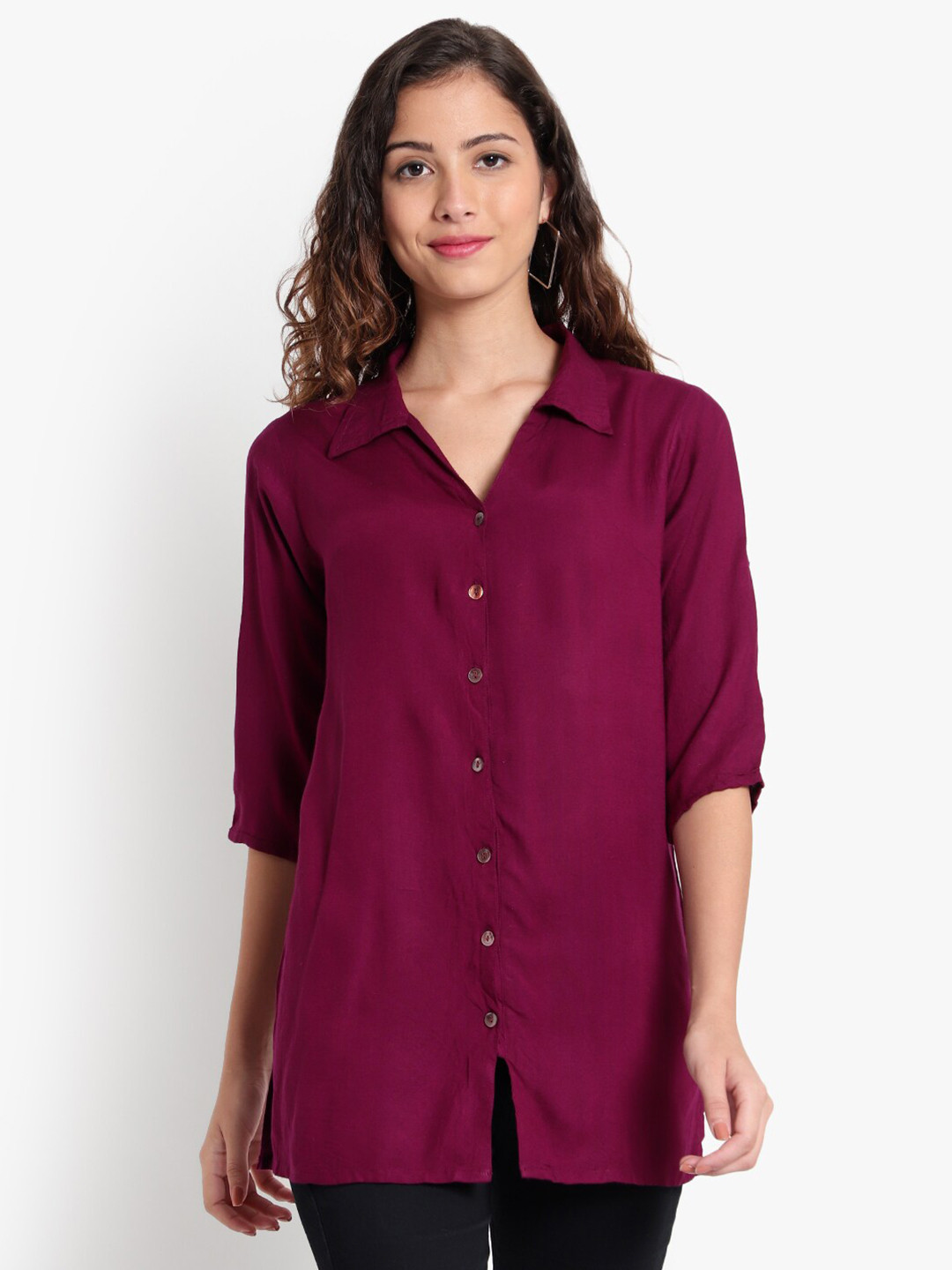 Indietoga Women Plus Size Burgundy Solid Rayon Longline Casual Shirt