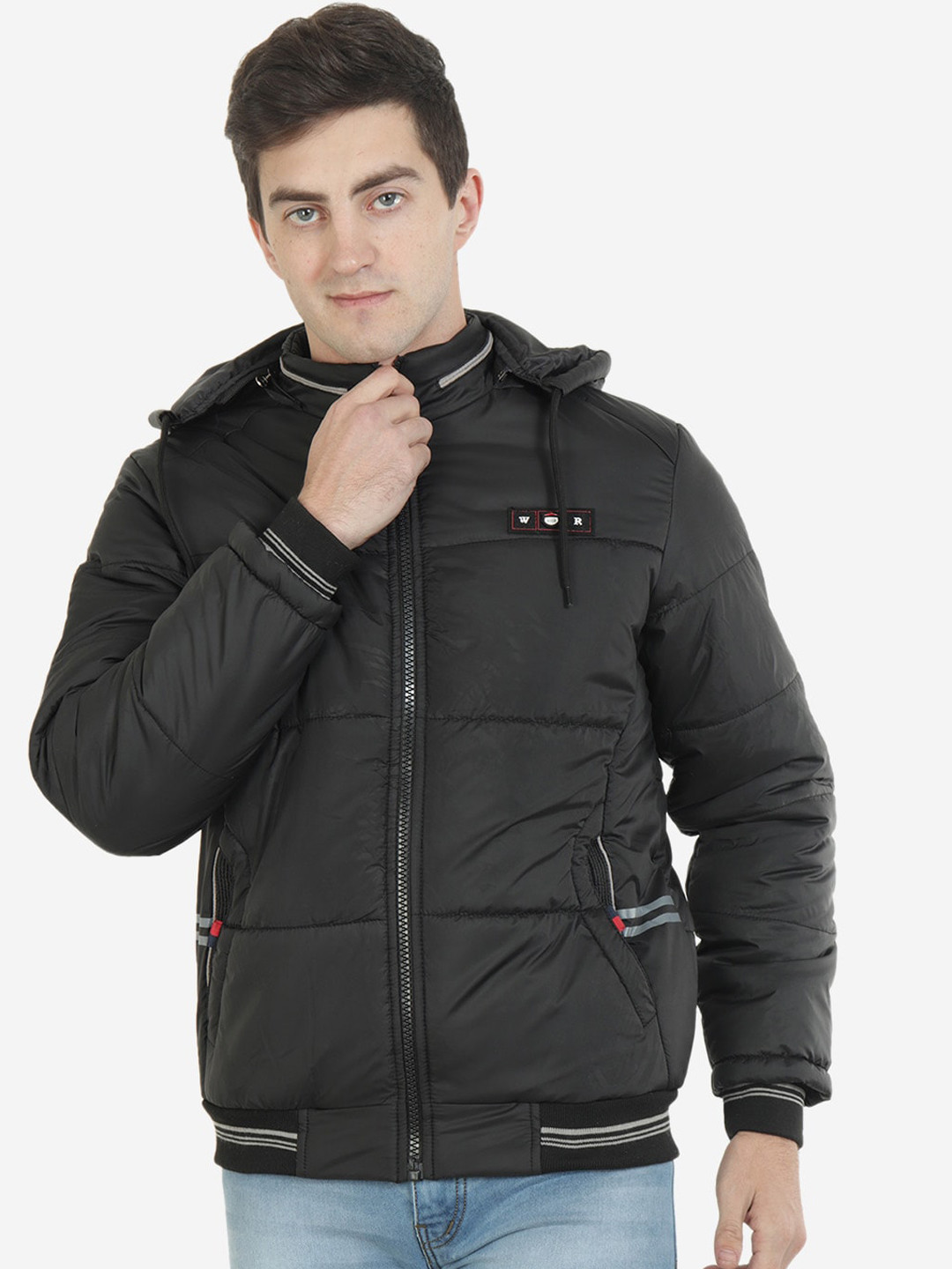 Xohy Men Black Lightweight Hooded Varsity Jacket