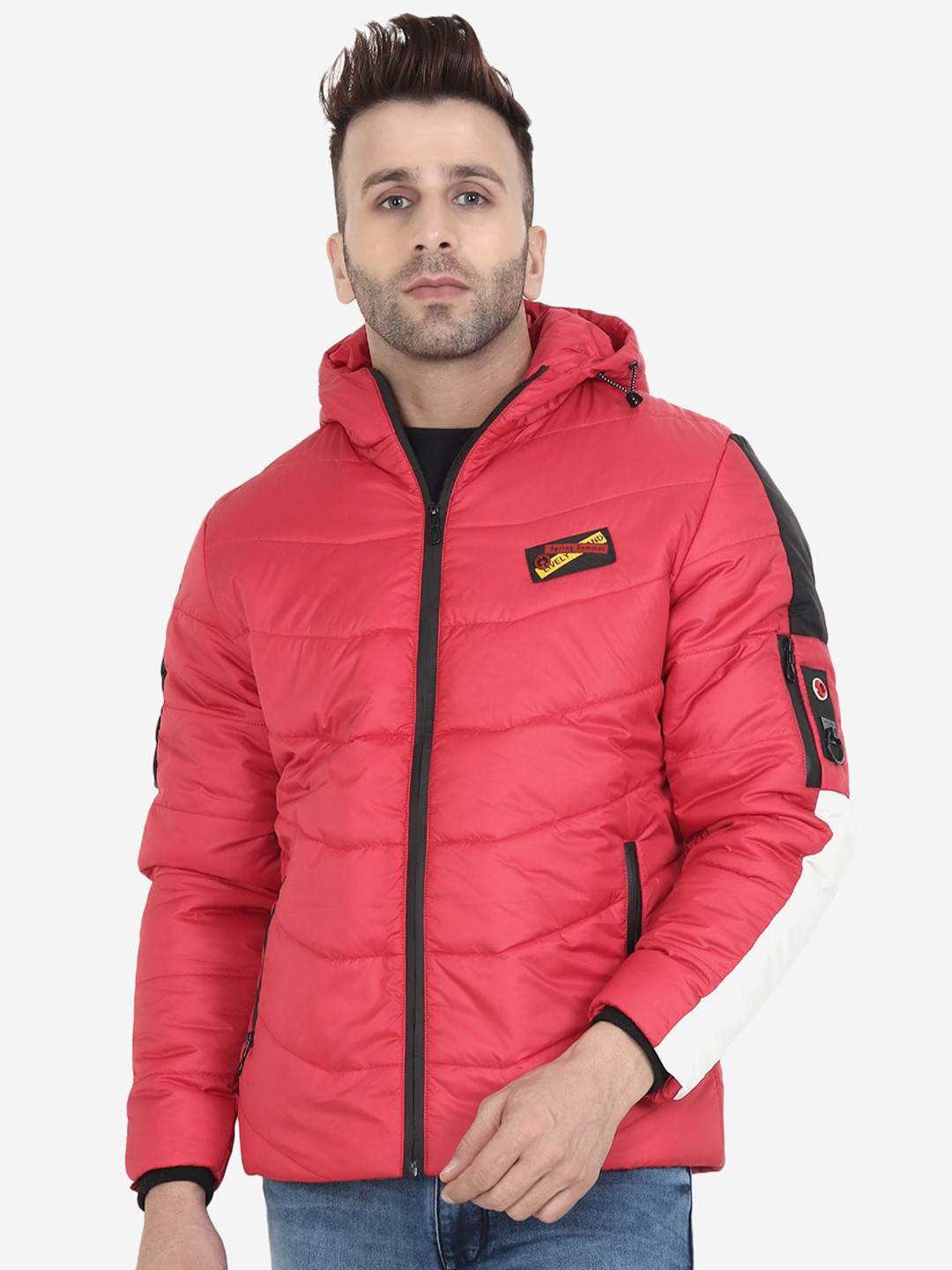 Xohy Men Red Solid Nylon Long Sleeves Lightweight Padded Jacket